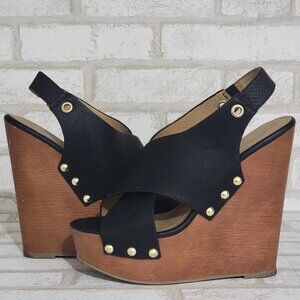 Vintage 1990s Y2K women’s 7.5 Black wood look studded SODA platforms Wedge 6 in!